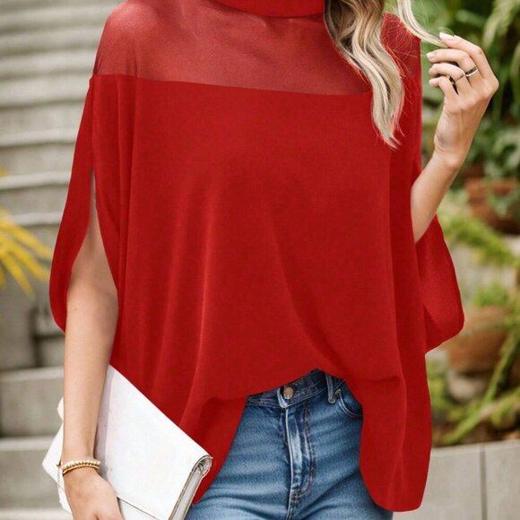 Red Casual Women's Stand Collar Mesh Hollow Blouse - Picture 7 of 7